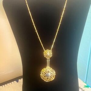 Vintage Gold-tone Scroll work Pendant on Paperclip-like chain.